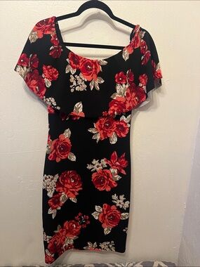 Almost Famous Black Floral Midi Dress with Red Roses